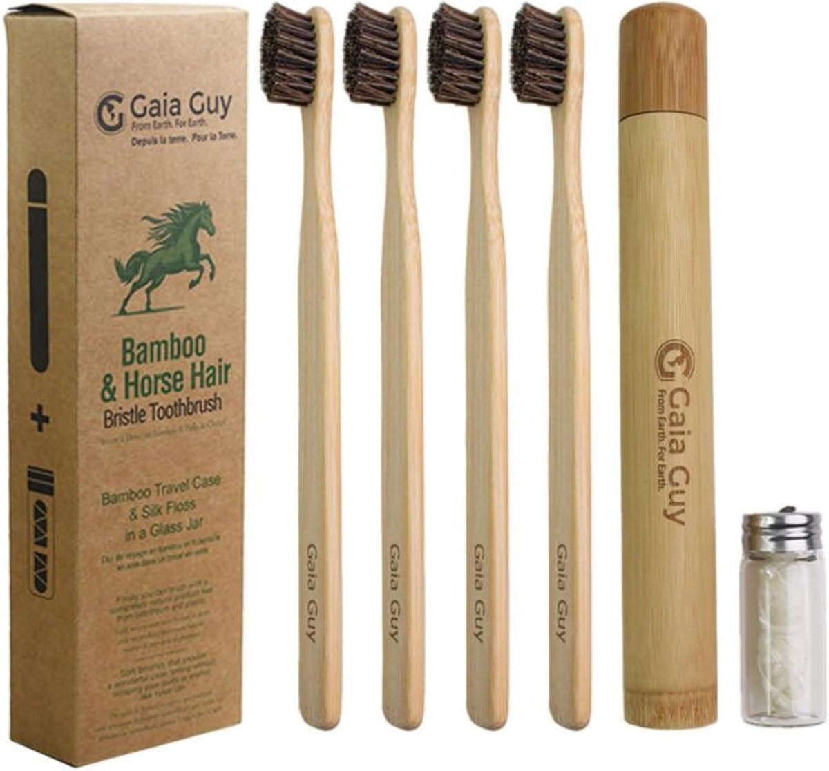 Thijox - Eco Tandenborstel Set van Bamboe en Paardenhaar (4 Stuks) met Reisetui en Zijde Floss | 100% Composteerbare Borstelharen | Milieuvriendelijk