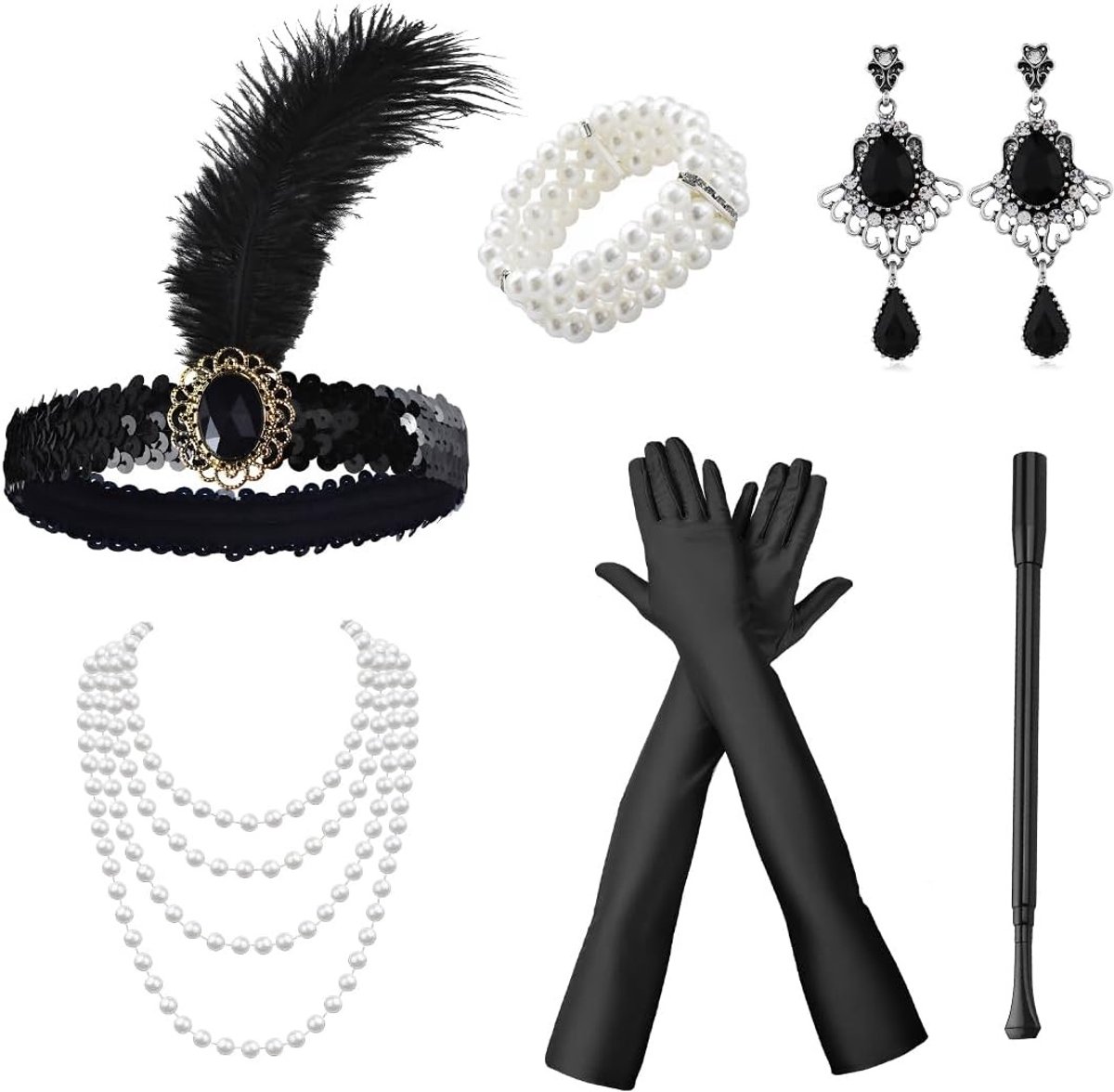 Accessoires set voor dames in jaren 20 stijl, inclusief hoofdband, armband en ketting voor carnaval en dansfeesten