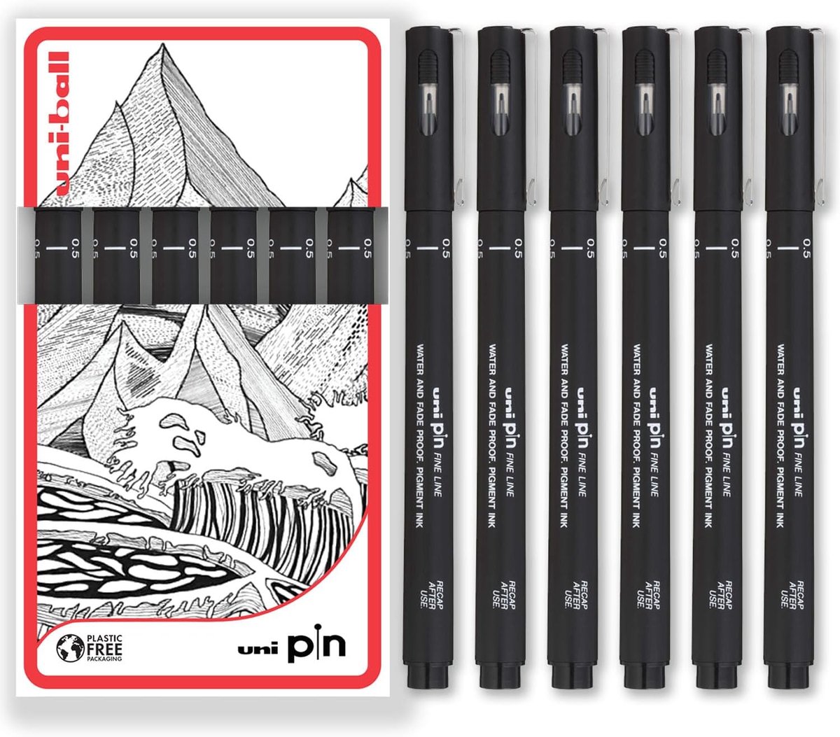 Thijox - Uni Pin fijnschrijver tekenpen set - zwarte inkt - 6 stuks - 0,5 mm penpunt - geschenkdoos voor tekenen, schetsen, aquarelverf, illustraties