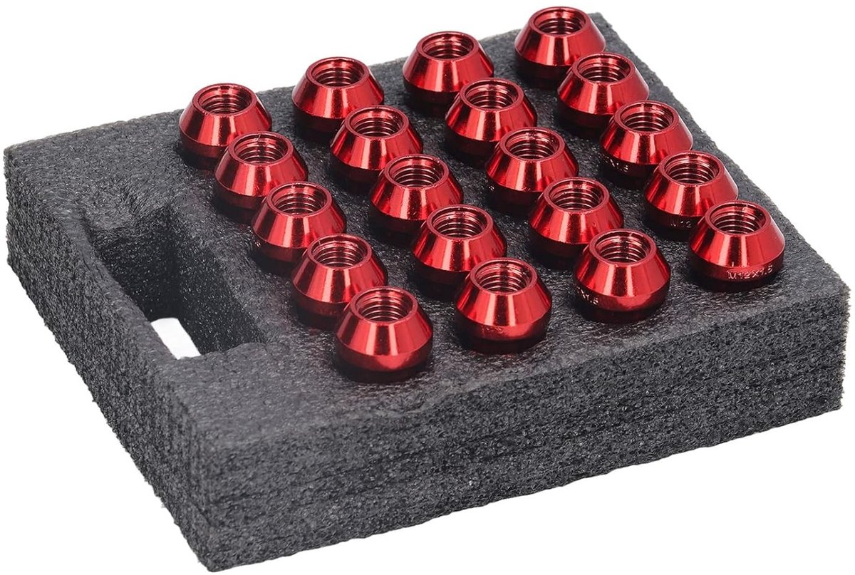 M12 x 1.5 Vouwmoeren met Steeksleutel, Hoge Hardheid, 20 Stuks Vervangende Wielmoeren voor Auto's zoals Ford Focus, Hyundai en Suzuki (Rood)