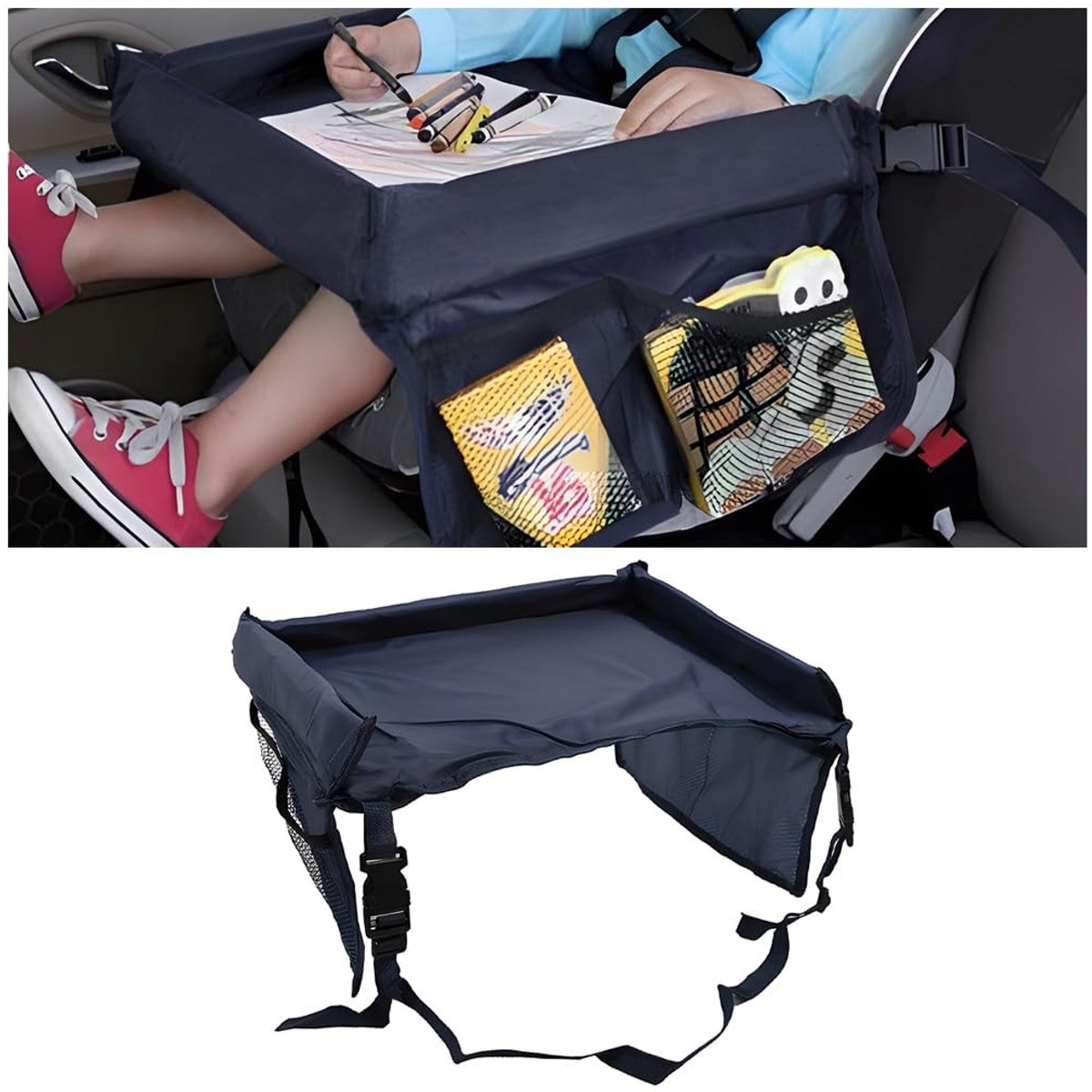 Dailygoods- Autostoel Multifunctioneel - Kindertafel - Dienblad - Opbergruimte - Polyester - 42 x 33 x 20 cm - Lichtgewicht