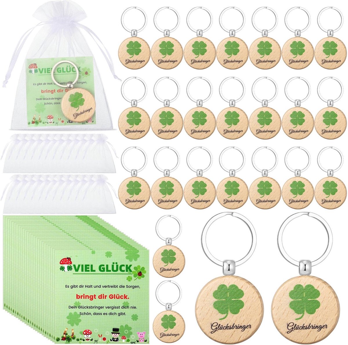 Inovra- Cadeauset Compleet Geluksbrenger - 24 Klaverblad Sleutelhangers - 24 Wenskaarten - 24 Organza Zakjes - Ideaal voor Vrouwen - Geluksgeschenken - Geluksgeschenk