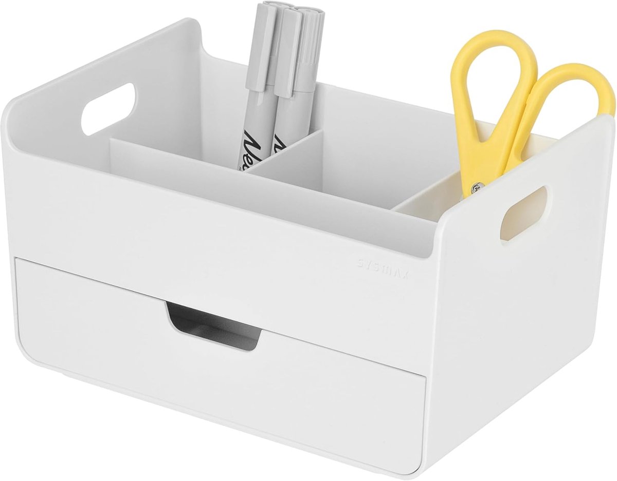 Thijox - Draagbare Bureau-Organizer met 3 Vakken, Halve Lade en Pennenhouder, Compacte Schrijfwaren Organizer voor Kantoor, Make-up en Handwerk, Wit,