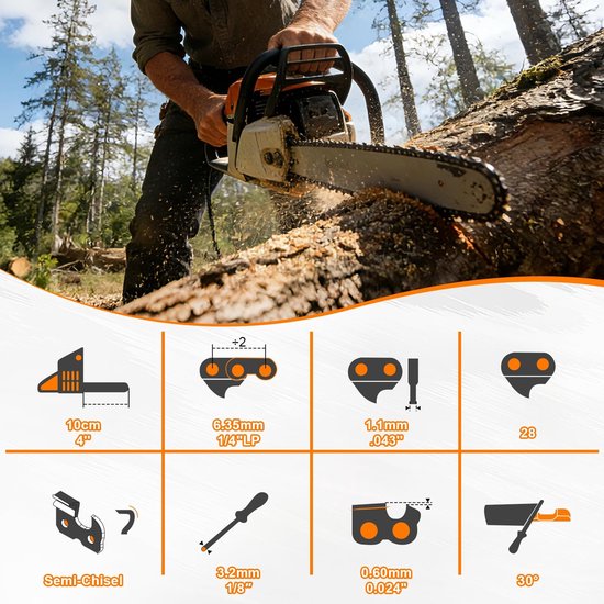 Inovra- Mini-kettingzaag Kettingen 4 Stuks - Compatibel met Stihl GTA 26 - 4 Inch (10 cm) - 1/4 Inch LP - 1,1 mm Dikte - 28 Aandrijfschakels - Zaagketting — afbeelding 4