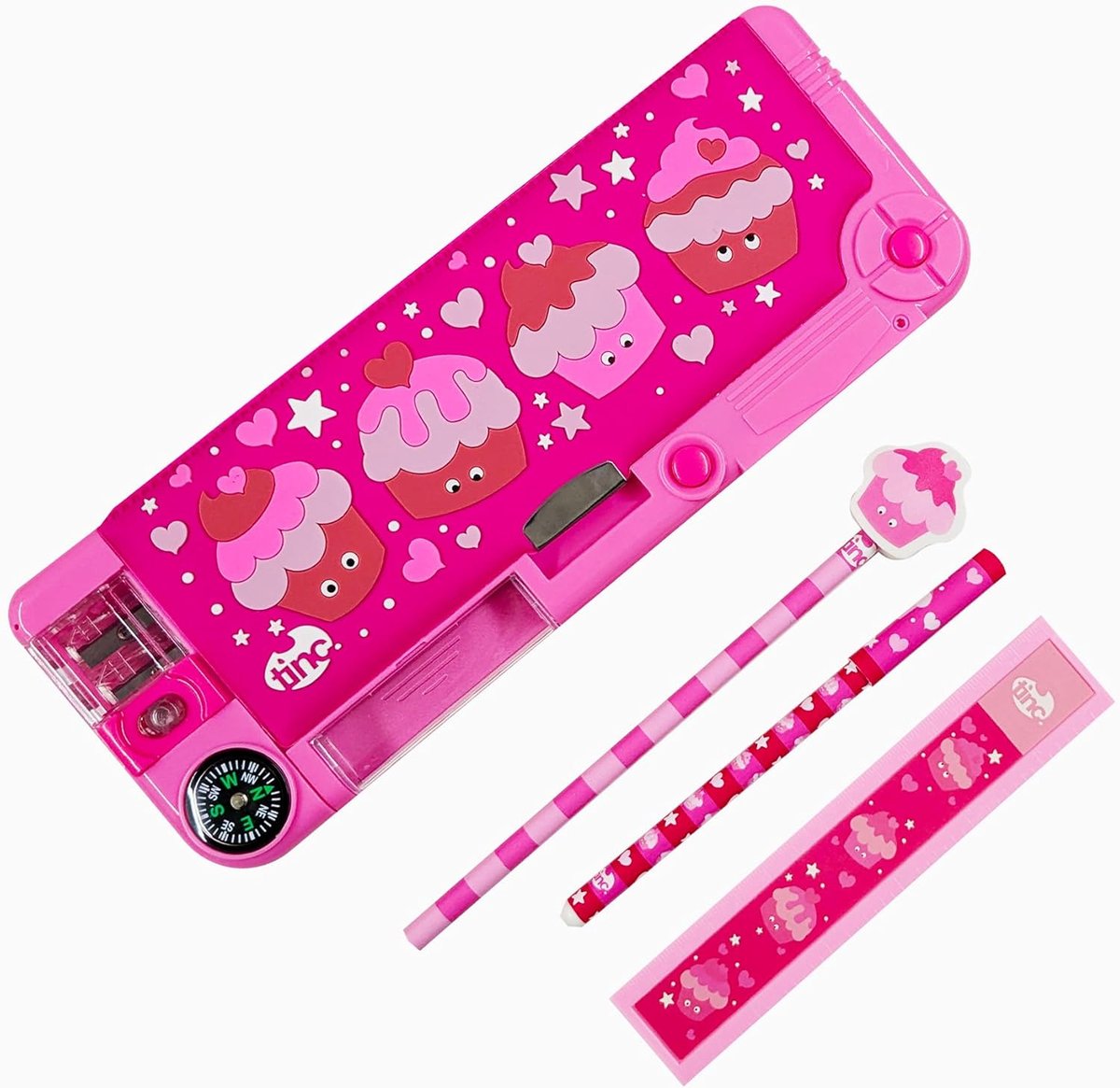 Tinc Mallo Character Pop Out Pennenetui Roze | Uitklapvak met drukknop | Inclusief potlood met gummetopper, balpen & 15 cm liniaal | 3 compartimenten | voor school