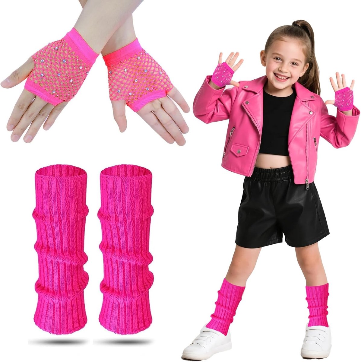 Kleurige Legwarmers en Vissennet Handschoenen voor Meisjes - Perfecte Accessoires voor 80s Thema Feestjes en Kostuums
