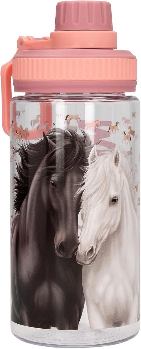 Thijox - Transparante Drinkfles Roze en Perzik met Paardenmotief - 500 ml Drinkfles met Drinkdop en Handvat voor Kinderen, Perfect voor School, Sport