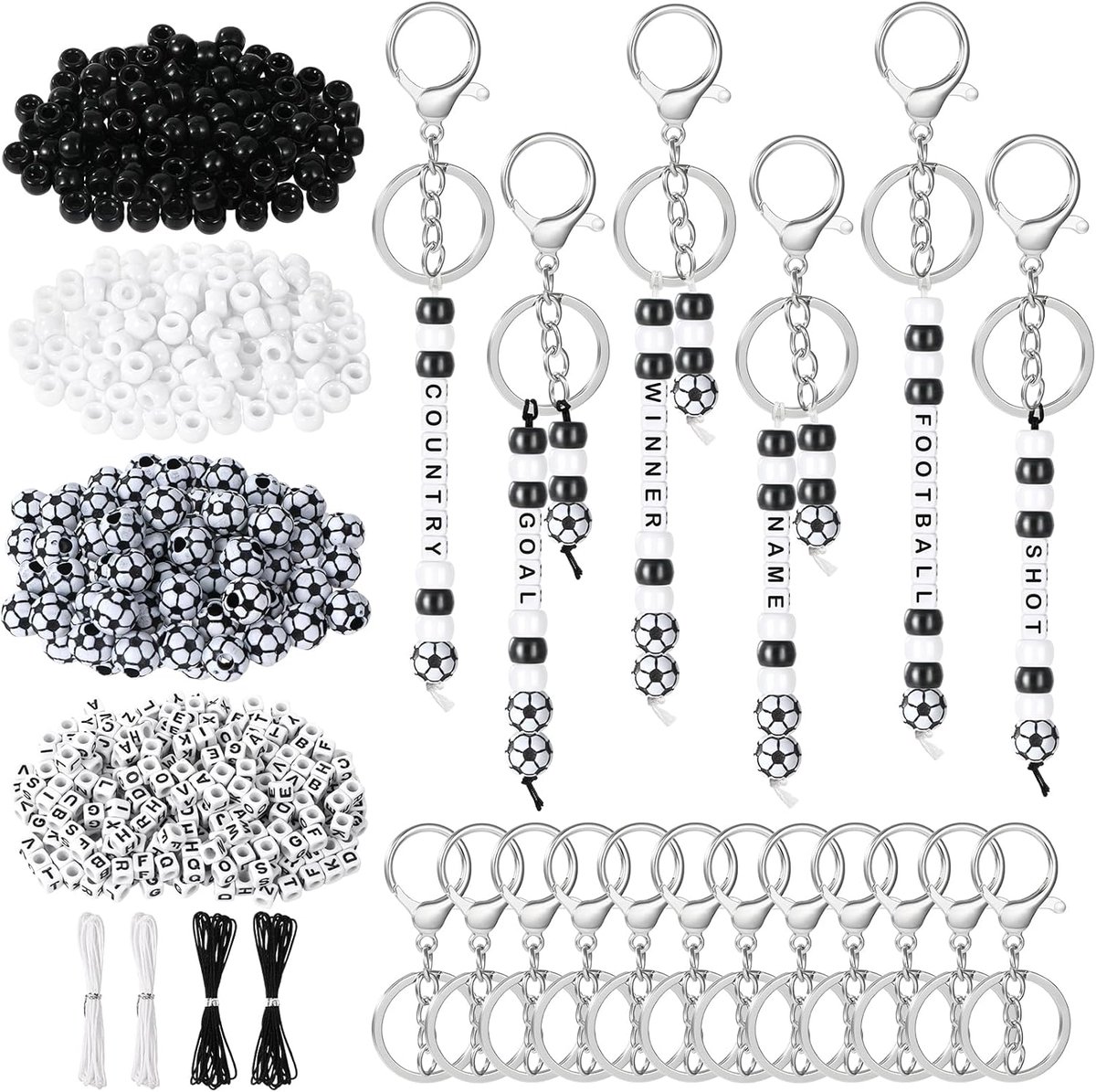 Thijox - MWOOT 556 Stuks Voetbalsleutelhanger Maakset - DIY Sleutelhanger met Sleutelringen, Voetbalvormige en Zwart-Witte Kralen voor Voetballiefhebb