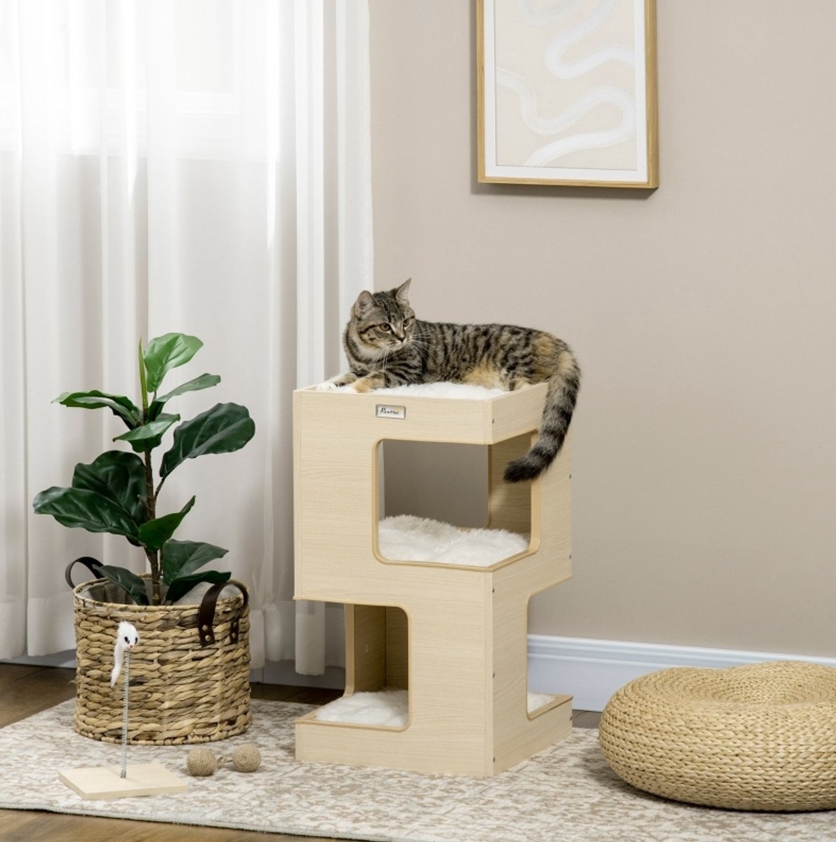 HAUSS SPOLE Kattenhuis – 34 x 34 x 60 cm – Met Bovenste Ligplek En Twee Slaapplekken – Pluche – Eikenkleur – Voor Slapen En Spelen