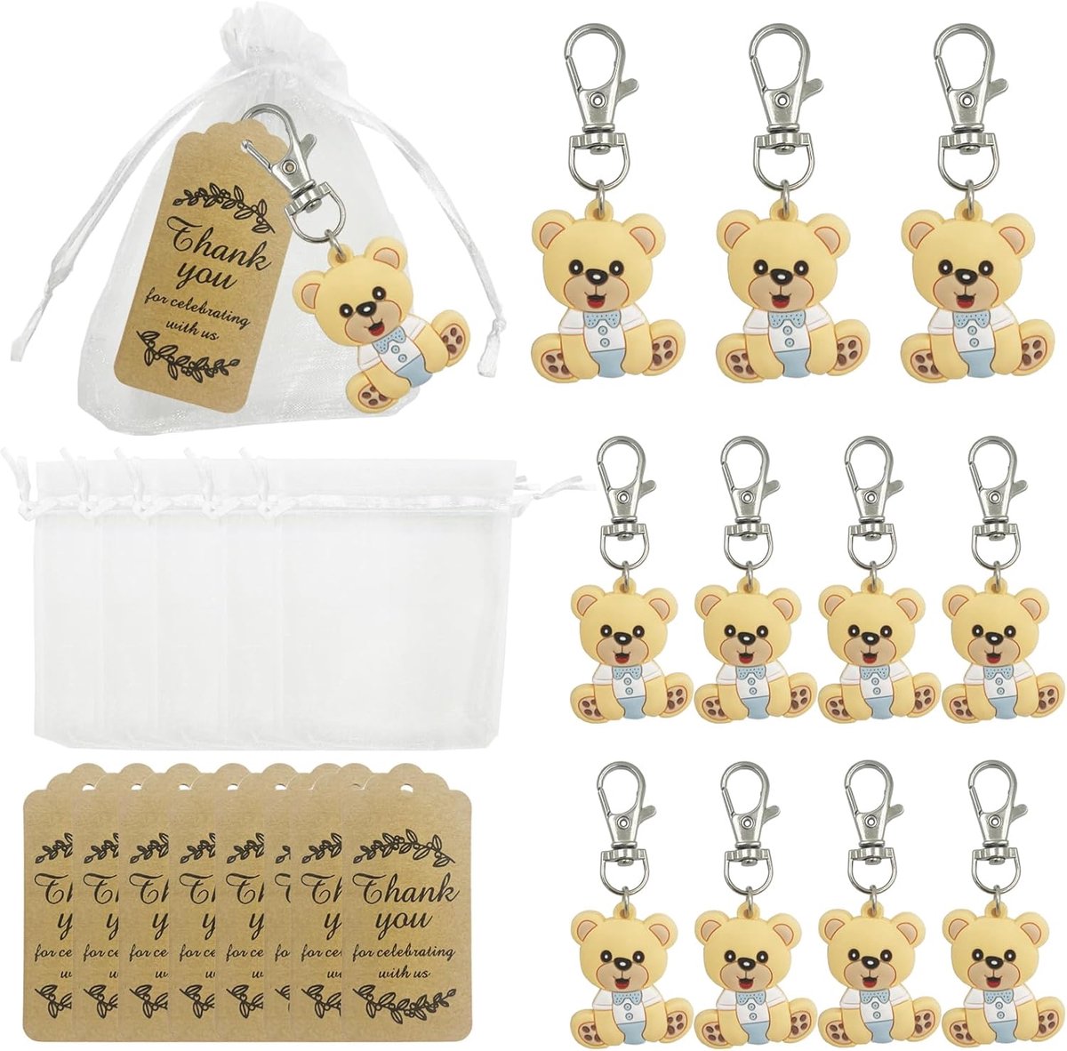 SnelShoppen - 30 Sets Babyshower Gunsten Gasten Retourgeschenken - Dieren Sleutelhangers met Organza Zakjes en Bedankjes voor Kinderen - Verjaardagsfe