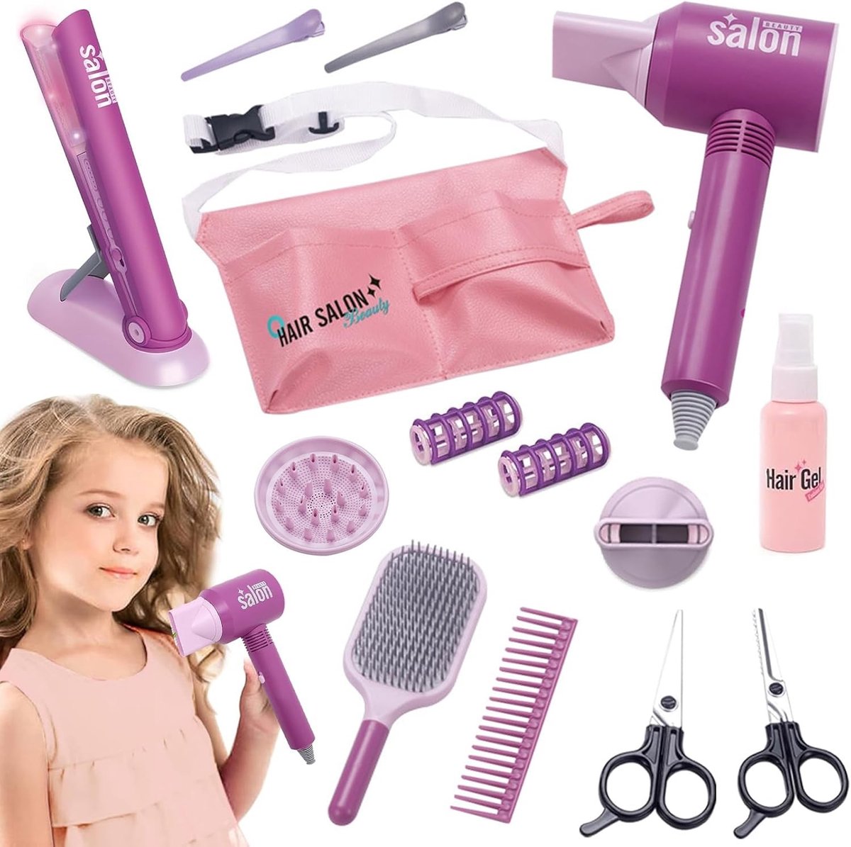 Complete beauty set voor meisjes met haarstyling en make-up accessoires, 14-delige speelset voor kinderen vanaf 3 jaar, inclusief föhn en kappersgerei.