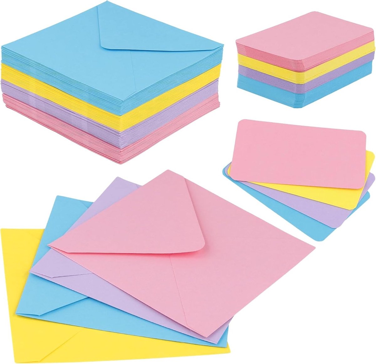 Mini enveloppen en kaartenset, 100 gekleurde vierkante papieren enveloppen 12,5 x 12,5 cm met 250 g blanco kaarten 9 x 5,5 cm, ideaal voor cadeauverpakking, bruiloften en feestdecoratie