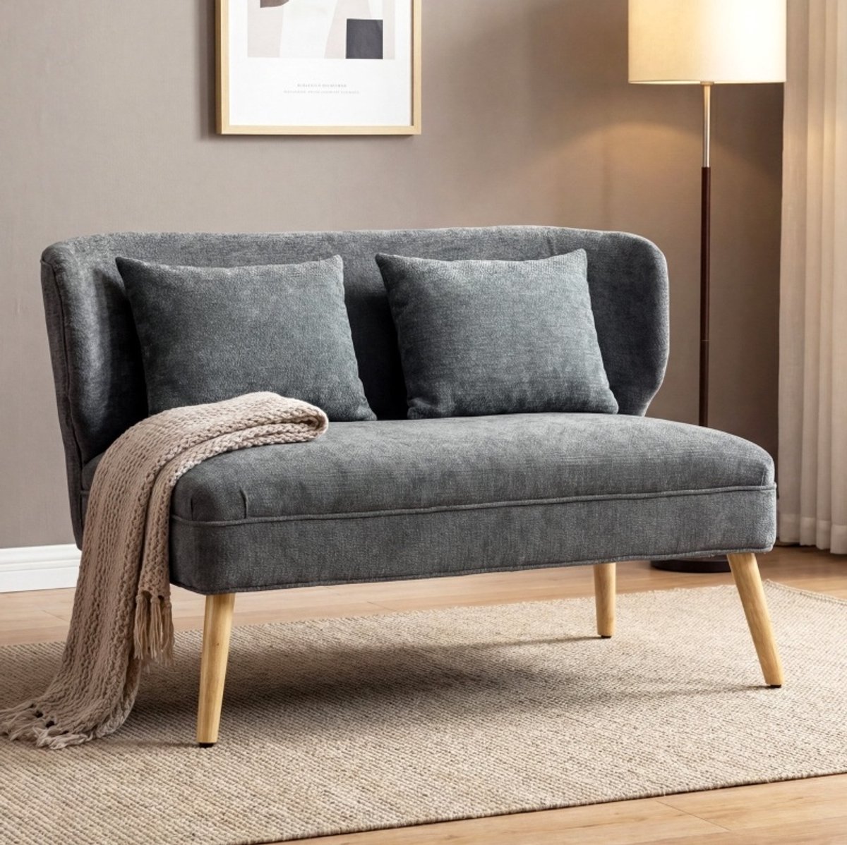 FloraGrace 2-zitsbank Compact 117 cm Met Fluwelen Chenille Bekleding Wingback Ontwerp Voor Woonkamer Slaapkamer Grijs Hout