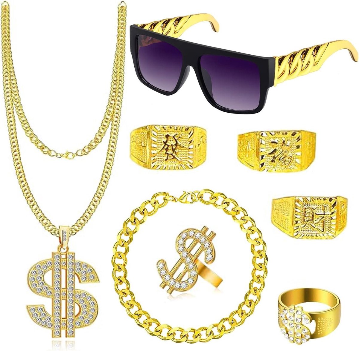 Complete Hip Hop Kostuum Set met 8 Stukken, Perfect voor Feesten, Concerten en Halloween met Dollar Sign Ketting en Rapper Accessoires