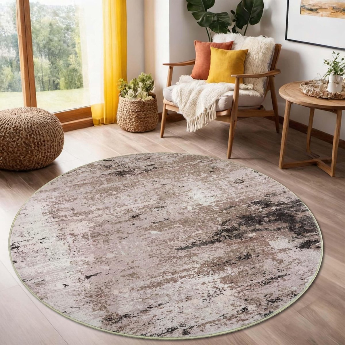 Thijox - Cekene Abstract Wasbaar Rond Tapijt 120 cm Beige - Antislip Modern Kortpolig Tapijt voor Woonkamer, Slaapkamer, Kinderkamer en Eetkamer