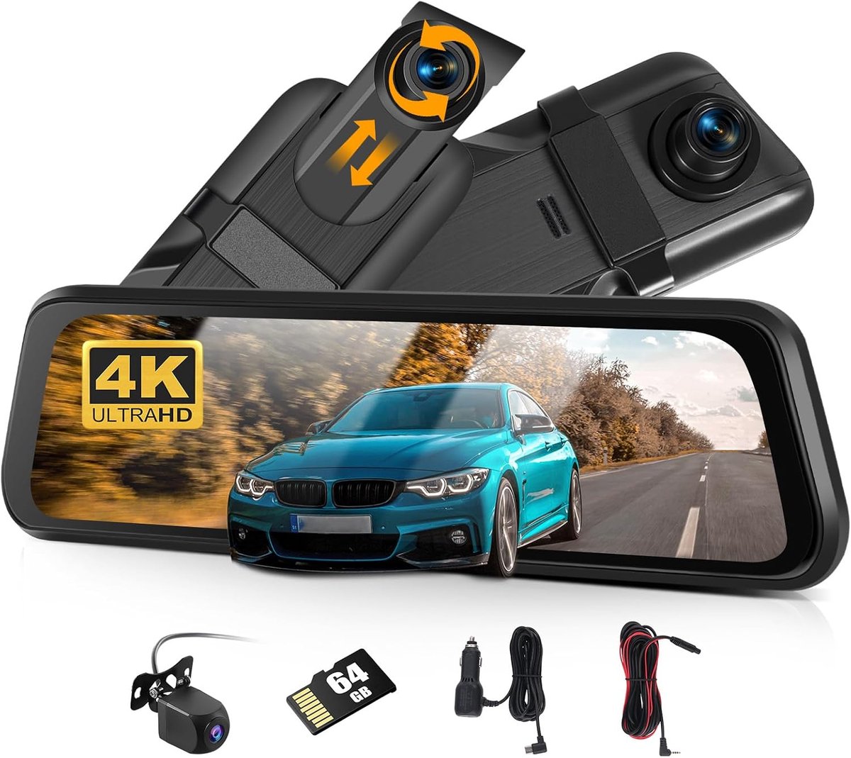 SnelShoppen - CAMECHO Spiegel Dashcam 9.66 Inch, Full HD, 4K, Dubbele Dashcam met Voor- en Achtercamera, Super Nachtzicht, G-Sensor, GPS, ADAS, BSD, L