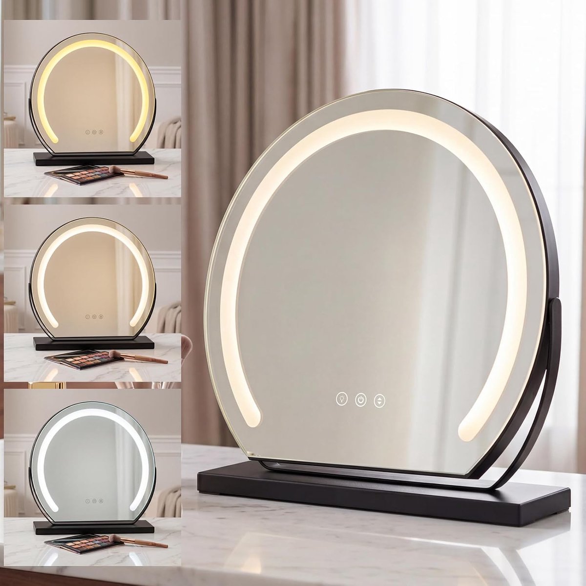 Thijox - Led-make-upspiegel met verlichting, dimbaar, rond 40 cm, 3 lichtkleuren met touch-sensor, 330 graden draaibaar, ideale cosmetische tafelspieg