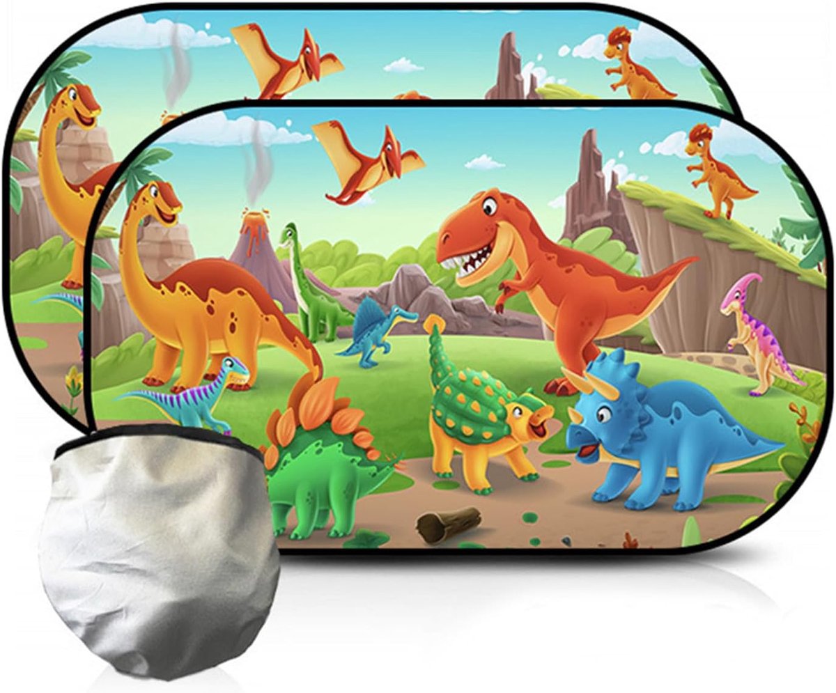 Thijox - Auto Zonwering Baby met UV-Bescherming, Opvouwbaar Dinosauruspatroon, 2 Stuks, 51 x 31 cm, Perfect voor Autoruiten van Kinderen