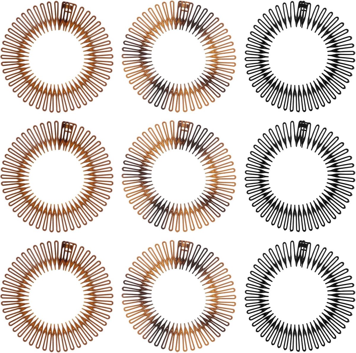 Thijox - 9 Stuks Ronde Stretch Circle Uitrekbare Kam - Flexibele Kunststof Haarkammen en Hoofdbandhouder - Elastische Kam-Haarbanden voor Vrouwen en M