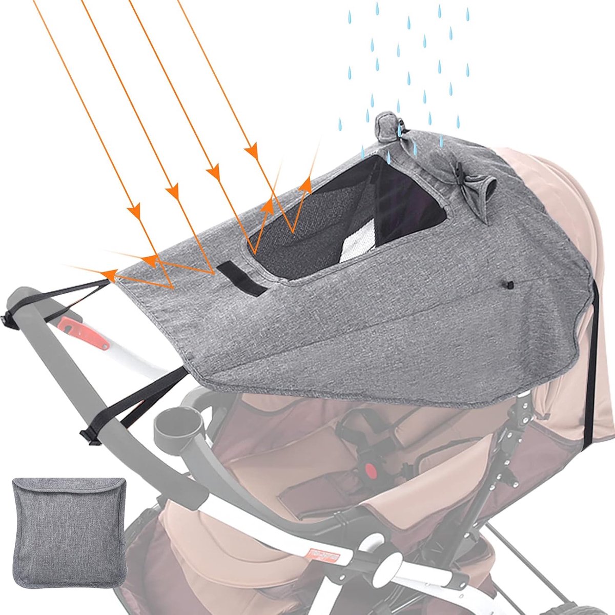 SnelShoppen - Universeel zonnescherm voor kinderwagen, buggy, reiswieg, waterbestendig zonnezeil met UV-bescherming 50+, grijs, met kijkvenster