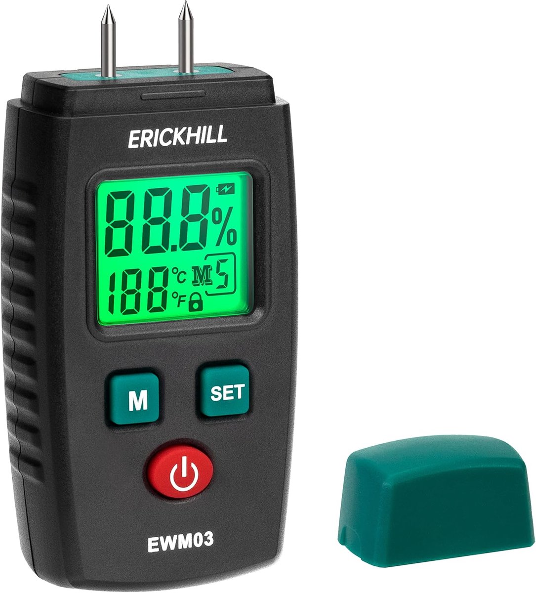Thijox - Luchtvochtigheidsmeter EWM03, Houtvochtigheidsmeter met 5 standen, LCD-scherm met Groene Achtergrondverlichting, Schimmeldetector voor Hout e