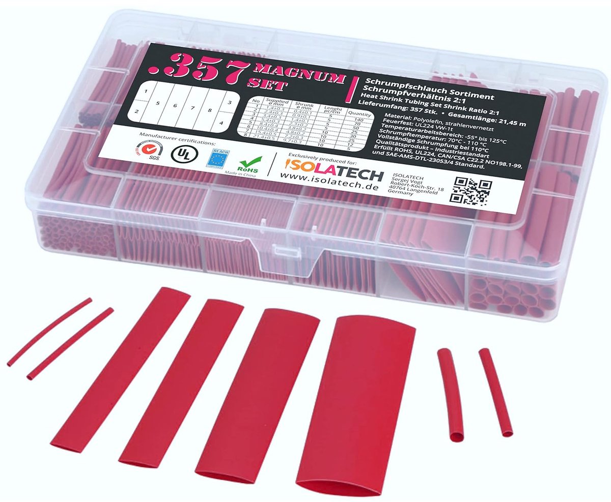 Thijox - ISO-PROFI® 357-delig Magnum krimpkous assortiment set 2:1 Box Rot - Hoogwaardige krimpkousen voor elektrisch werk, 2:1 krimpverhouding, diver