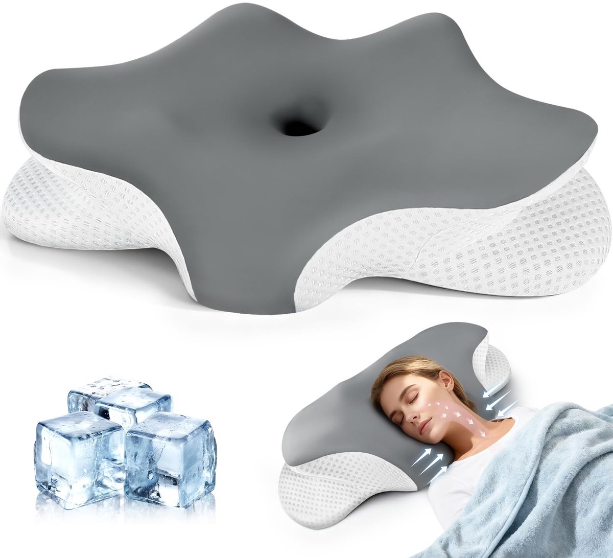 Dailygoods - Nekkussen, hoofdkussen, traagschuimkussen, ergonomisch hoofdkussen voor zijkanten, rug, buikslapers met 2 afneembare overtrek, grijs