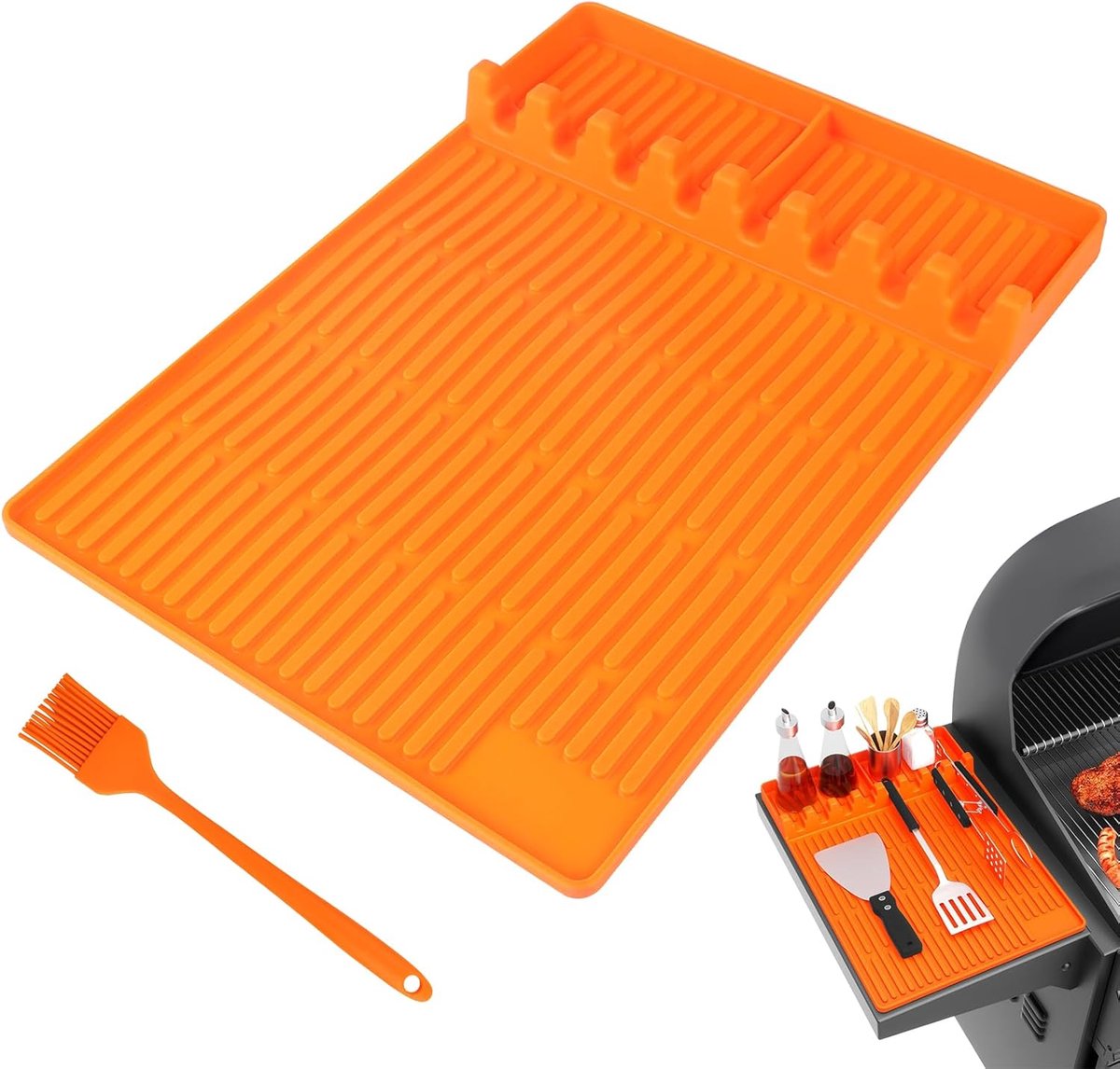 Thijox - BBQ Grillmatten voor Grill en Zijtafels, Hittebestendige Siliconen, Inclusief Kwast, Antislip, Oranje, Ideaal voor Kamperen, Feest, Tuin en K