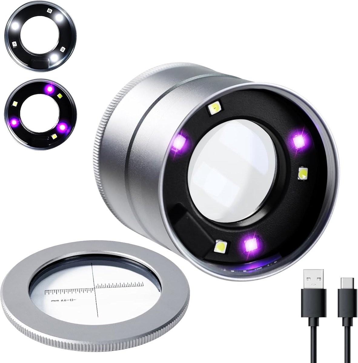 SnelShoppen - 10X LED Loupe Vergrootglas met UV Licht - 30mm Lens Vergrootglas voor Sieraden, Munten, Diamanten en Postzegels - Draagbaar en Oplaadbaa