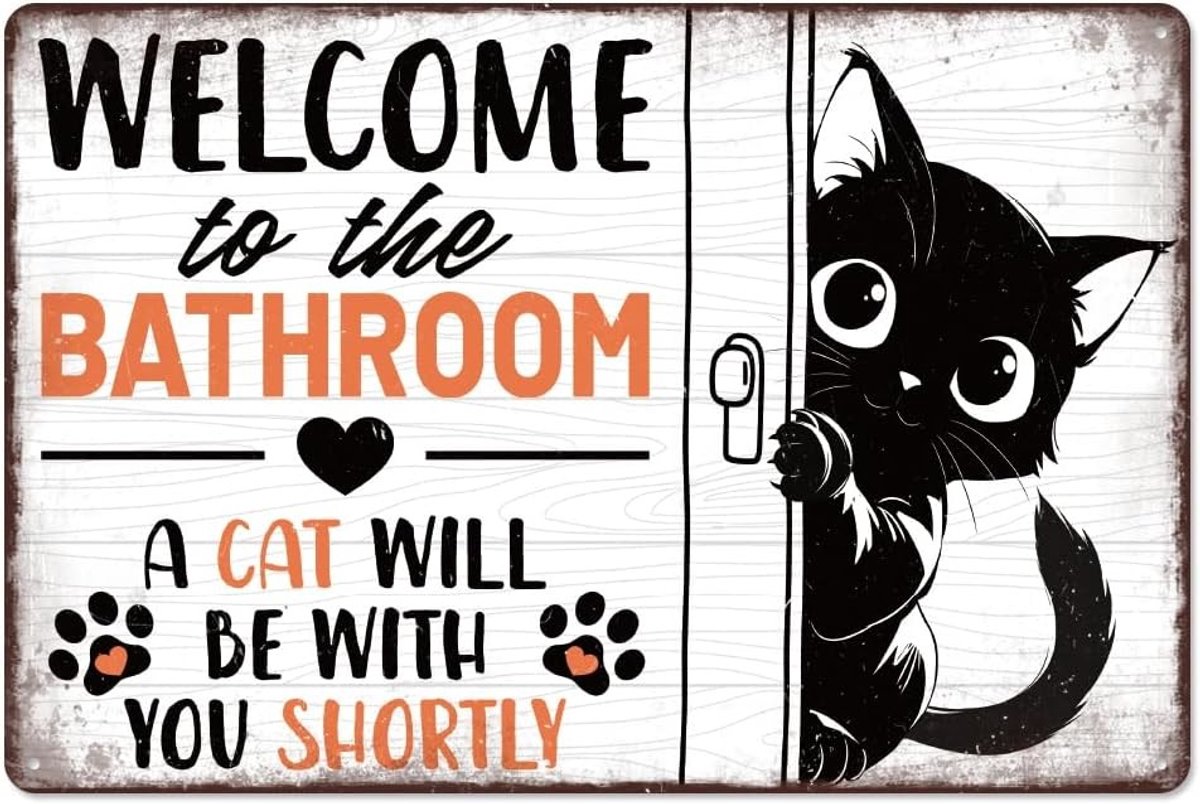 Vintage metalen wanddecoratie voor de badkamer met kattenmotief, retro kunst voor toilet, grappige dieren cadeauplaatjes, 20x30cm