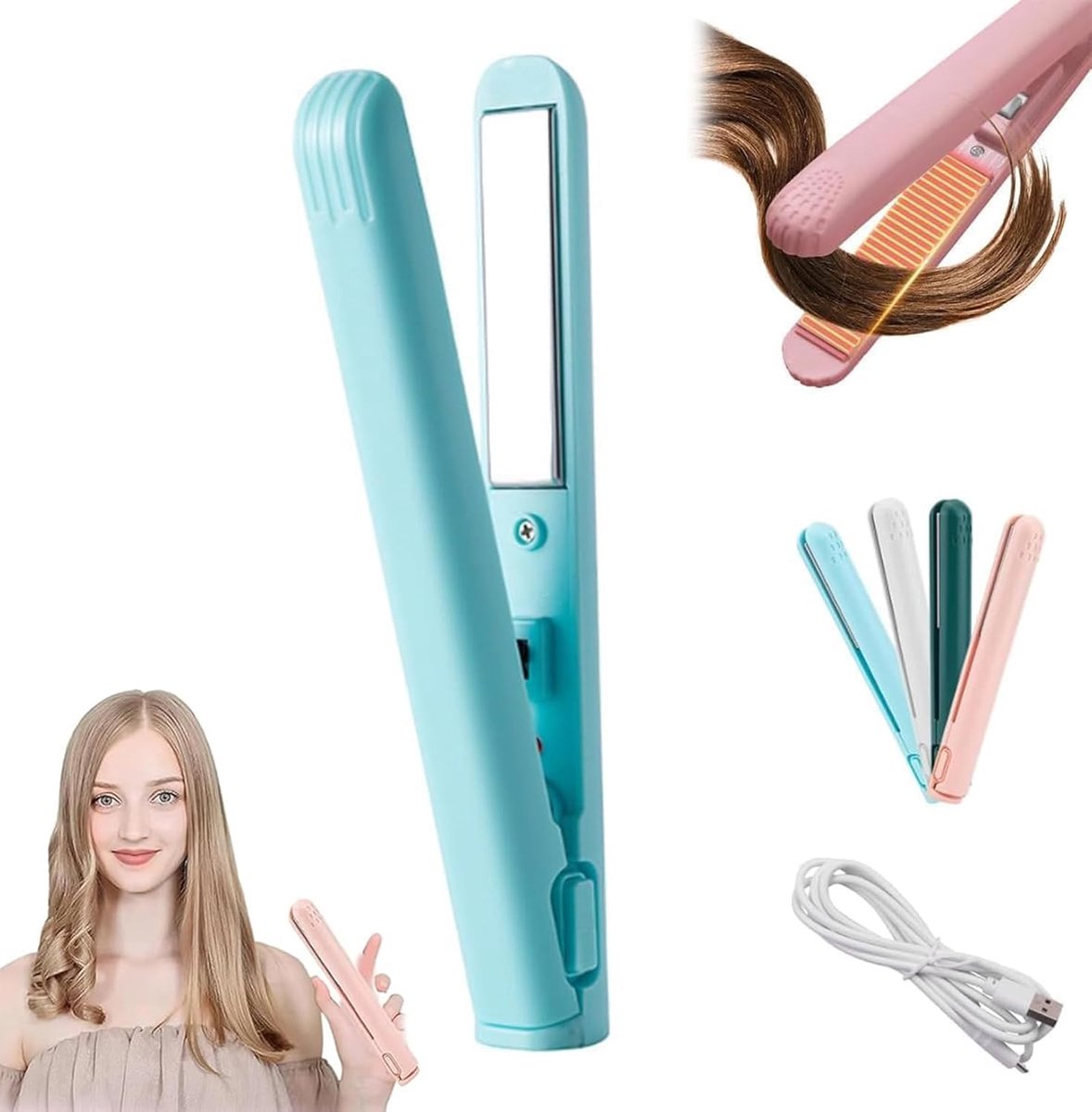 Thijox - Mini Draadloze Curling Iron 2-in-1, Draagbare Keramische Haar Krultang en Stijltang, USB-connector, Blauw, Ideaal voor Feest en Reizen