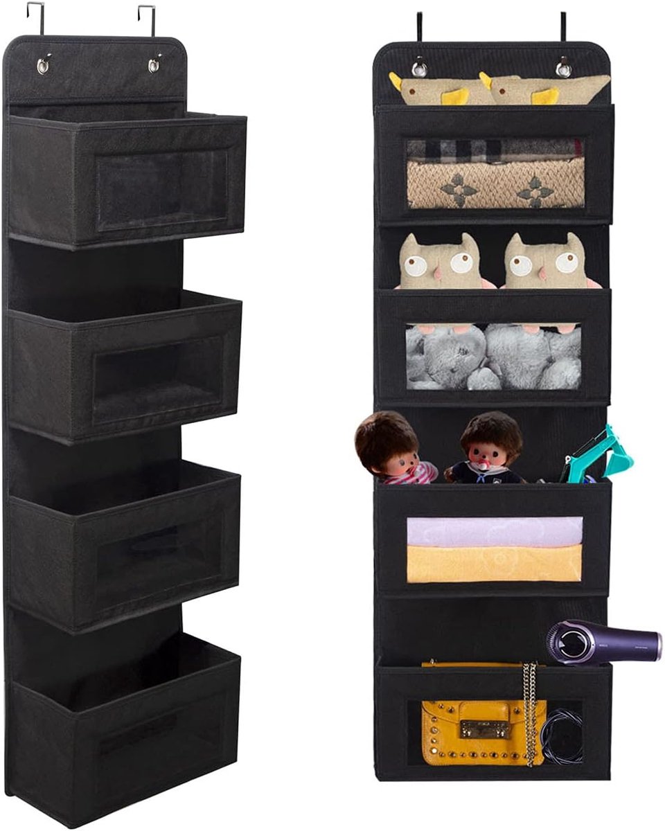 Over de deur opslag, 4 zakken zachte stof hangende opslag organizer met helder venster voor pantry babykamer badkamer, Zwart