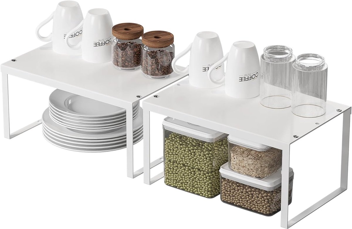 Thijox - Keukenkast Organizer 2-pack, Uitbreidbare Metalen Kruidenhouder, Stapelbare Opbergplanken voor Kast & Aanrecht, Wit, Ideaal voor Voorraadkast