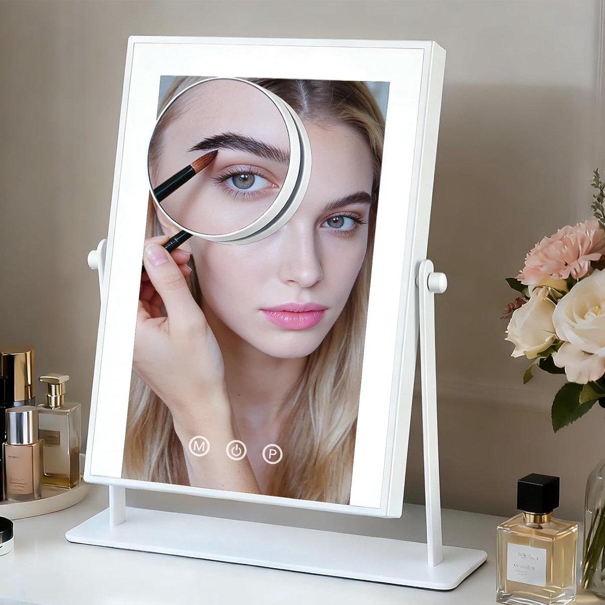 Thijox - Dimbare Make-upspiegel met Verlichting, Aanraakschakelaar, 3 Kleurtemperaturen, 10x Vergroting, 360 Graden Draaibaar, Cosmeticaspiegel voor T