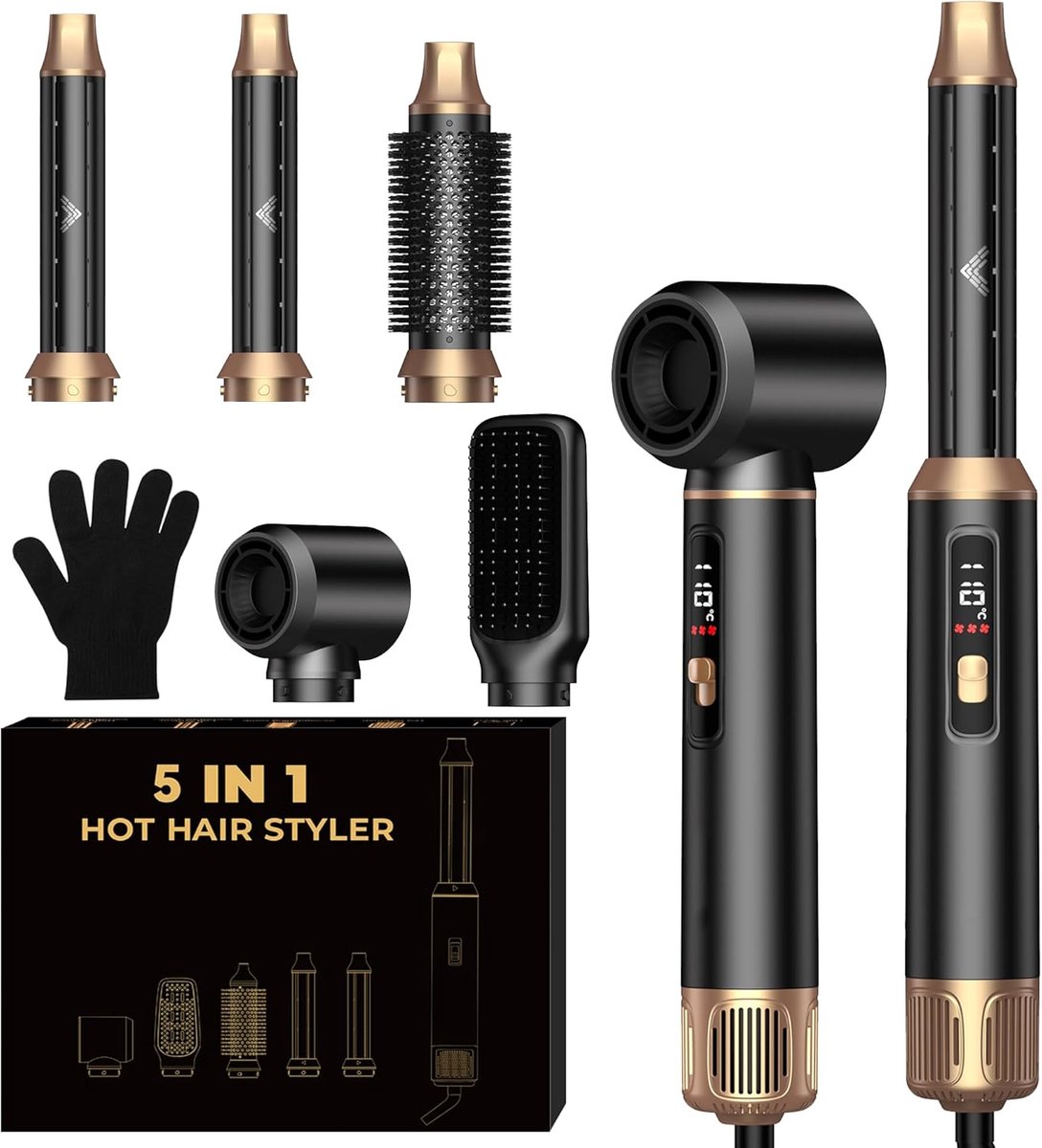 Thijox - 5-in-1 Haar Styler, Haardroger en Airstyler Set met Warme Luchtborstel, Thermische Borstel, Stijlborstel en Stijltang voor Vrouwen - Zwart