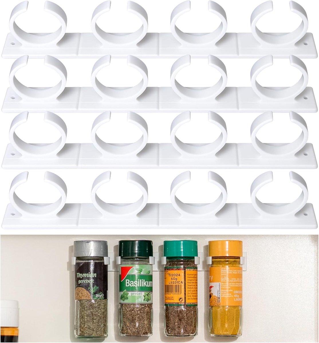 SnelShoppen - Spice rack Gripper clips voor 16 kruidenpotjes, 4 x 4 witte strips, Organiser voor kruiden, Muurbevestiging voor keuken en wandtegels