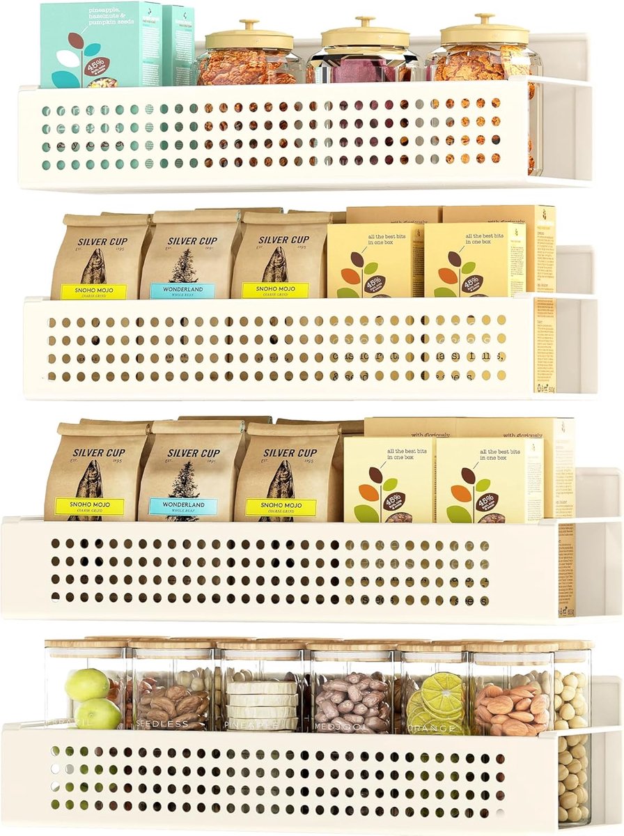 Thijox - Magnetisch kruidenrek set van 4 - 2 grote en 2 kleine planken - Ruimtebesparende kruidenorganizer zonder boren - Crèmewit voor keuken, koelka