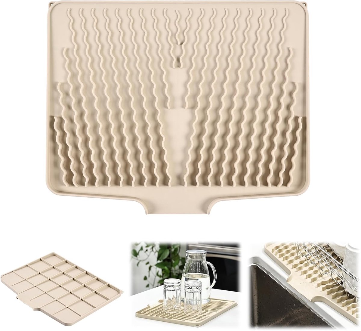 SnelShoppen - Non-Folded Silicoon Draining Mat voor Keuken - Sneldrogende, Antislip, Warmtebestendige Afvoer Mat met Afvoergat - Beige, 40 x 33 x 1.5