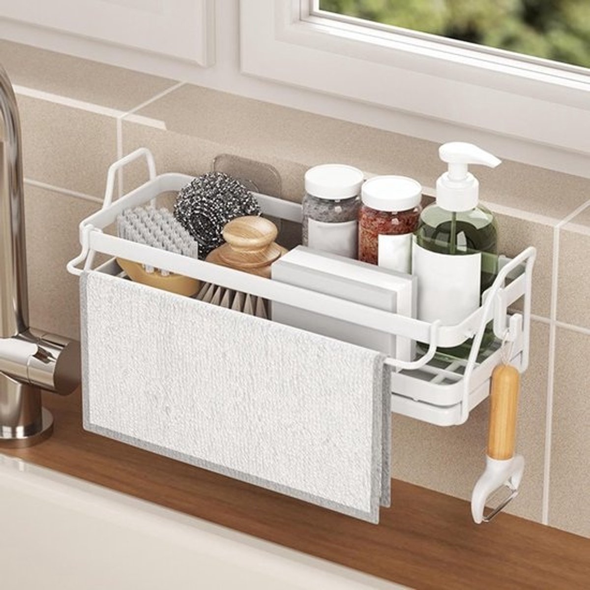 Gootsteen Organizer - Sponshouder Keuken - Keuken Opbergen - Zonder Boren - 26 x 10 x 8 cm - Grijs