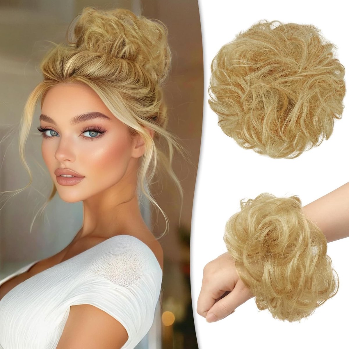 Messy Haarstuk voor Vrouwen van 100% Menselijk Haar - Roze Bun, Krullend Haar, Scrunchie en Updo Accessoire