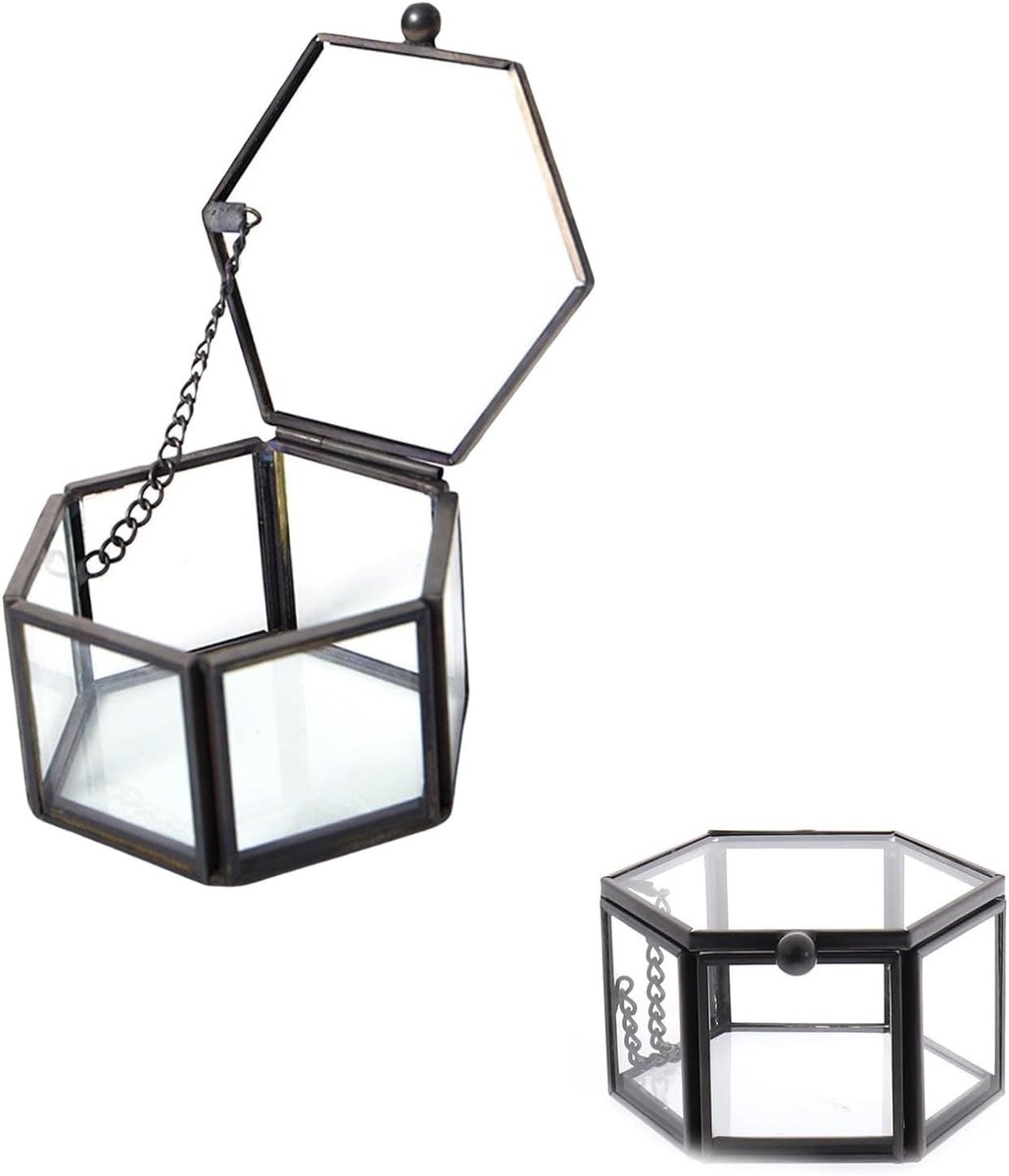 Kleine Geometrische Glazen Doos voor Sieraden - Transparant met Zwart, Perfect voor Oorbellen, Kettingen en Ringen