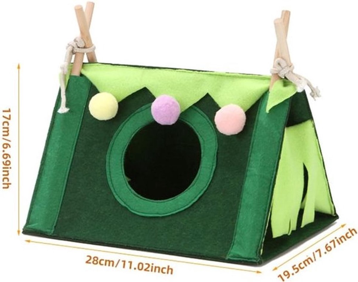 Hamstertent – Katoenen nest – Driehoekige tent – Dierenbenodigdheden – Geschikt voor hamsters, cavia’s en suikergliders – Groen – 28*19,5*17 cm – Kleur van de kleine balletjes willekeurig