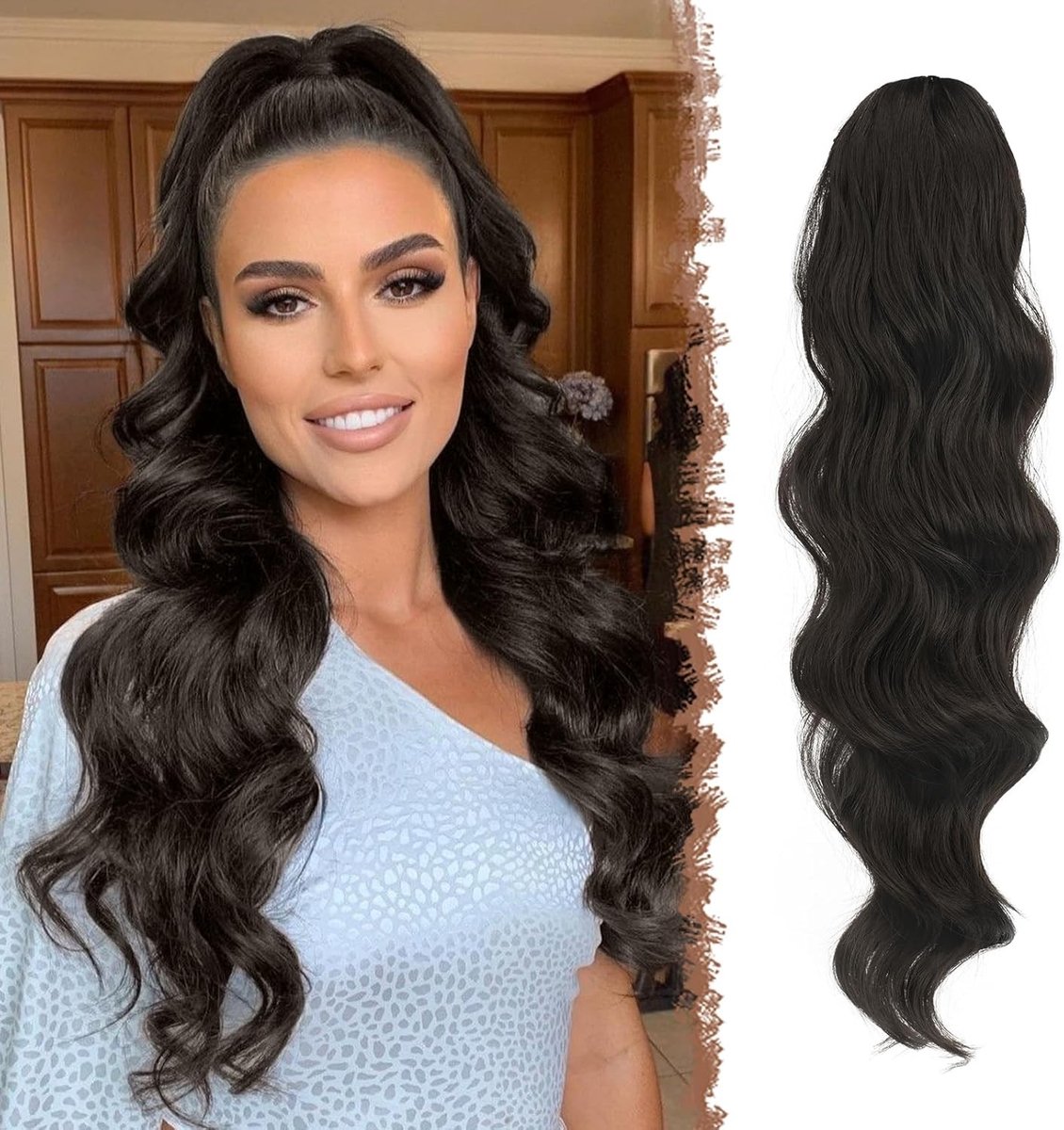 Ponytail Haarstuk met Trekkoord - Lange Golvende Synthetische Haarextensions voor Vrouwen - Natuurlijke Zwarte Kleur, 60 cm Lengte