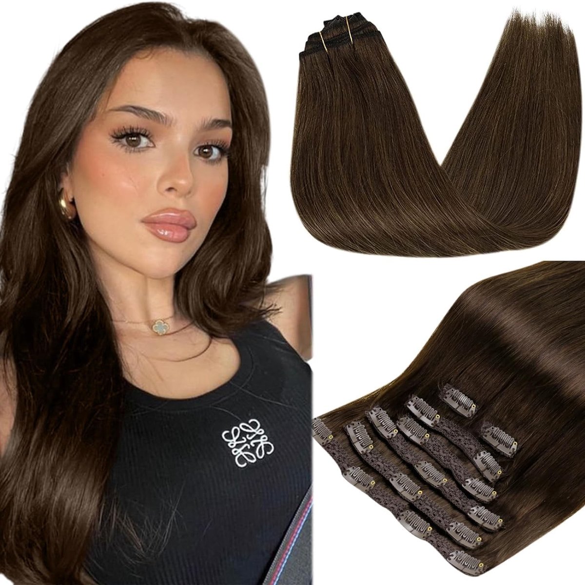 Clip-in Haarextensions van Echte Haar - 7 Stukken, 120g, 55cm, Bruin #4 voor Volumineus Haar