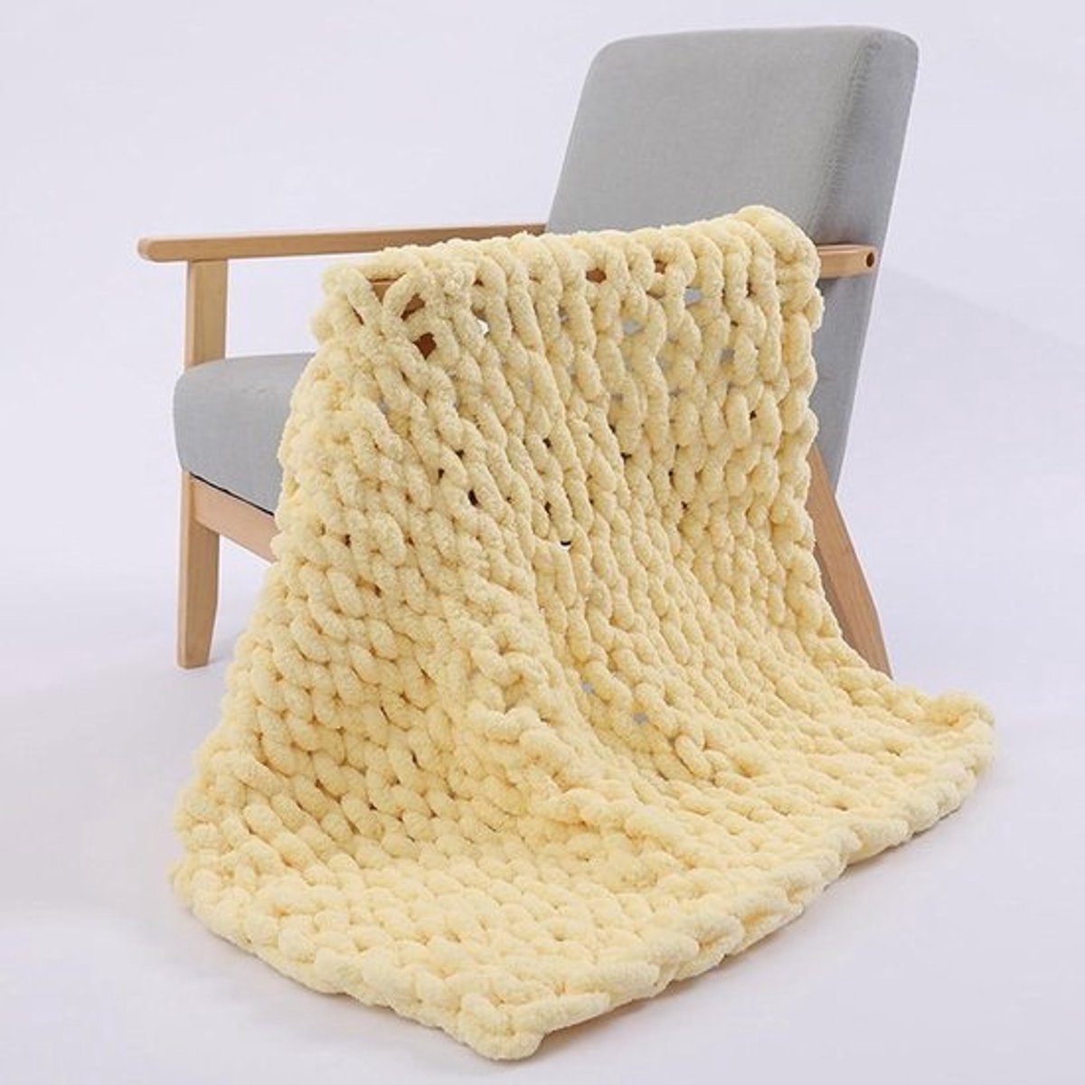 Grof gebreide deken - Chenille deken Kabeldeken - Interieur verfraaien - Handgemaakt vakmanschap - 100x130 cm - Lichtgeel