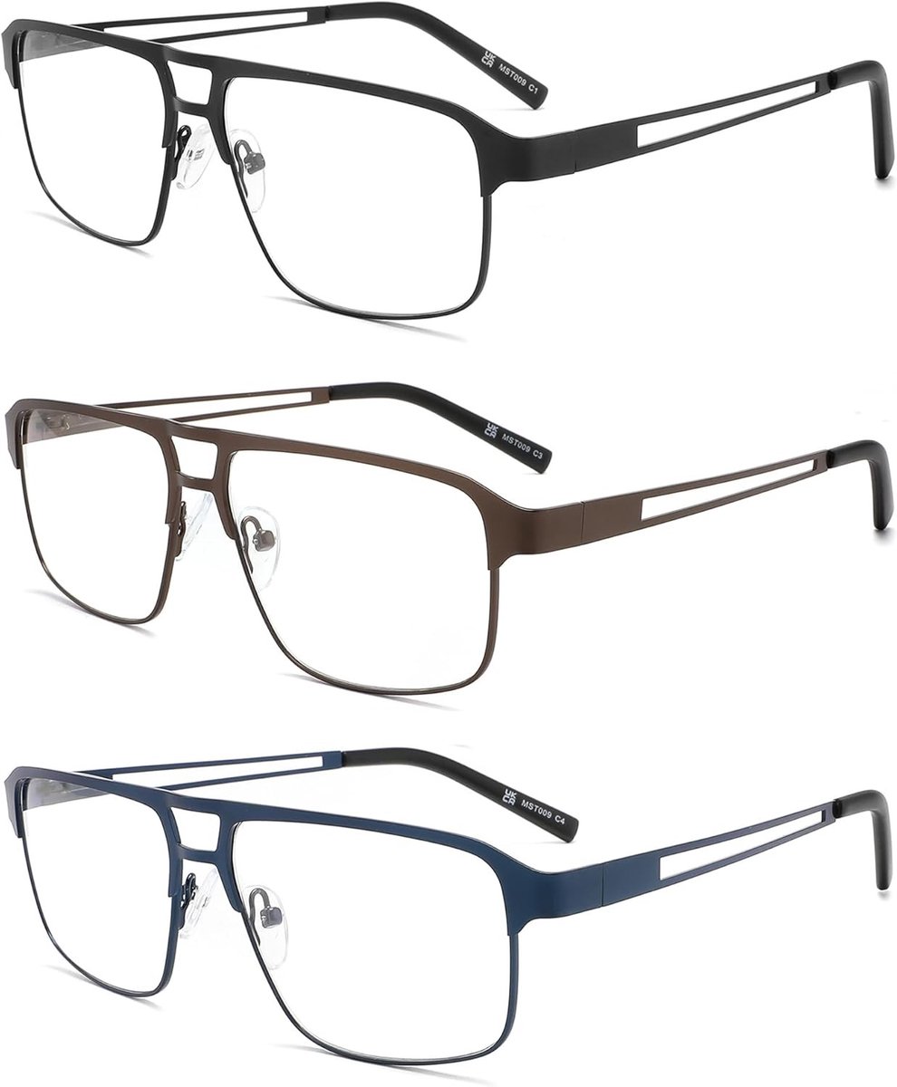 3-Pack Leesbrillen voor Mannen met Blauw Lichtfilter - Metalen Rechthoekig Frame van Roestvrij Staal