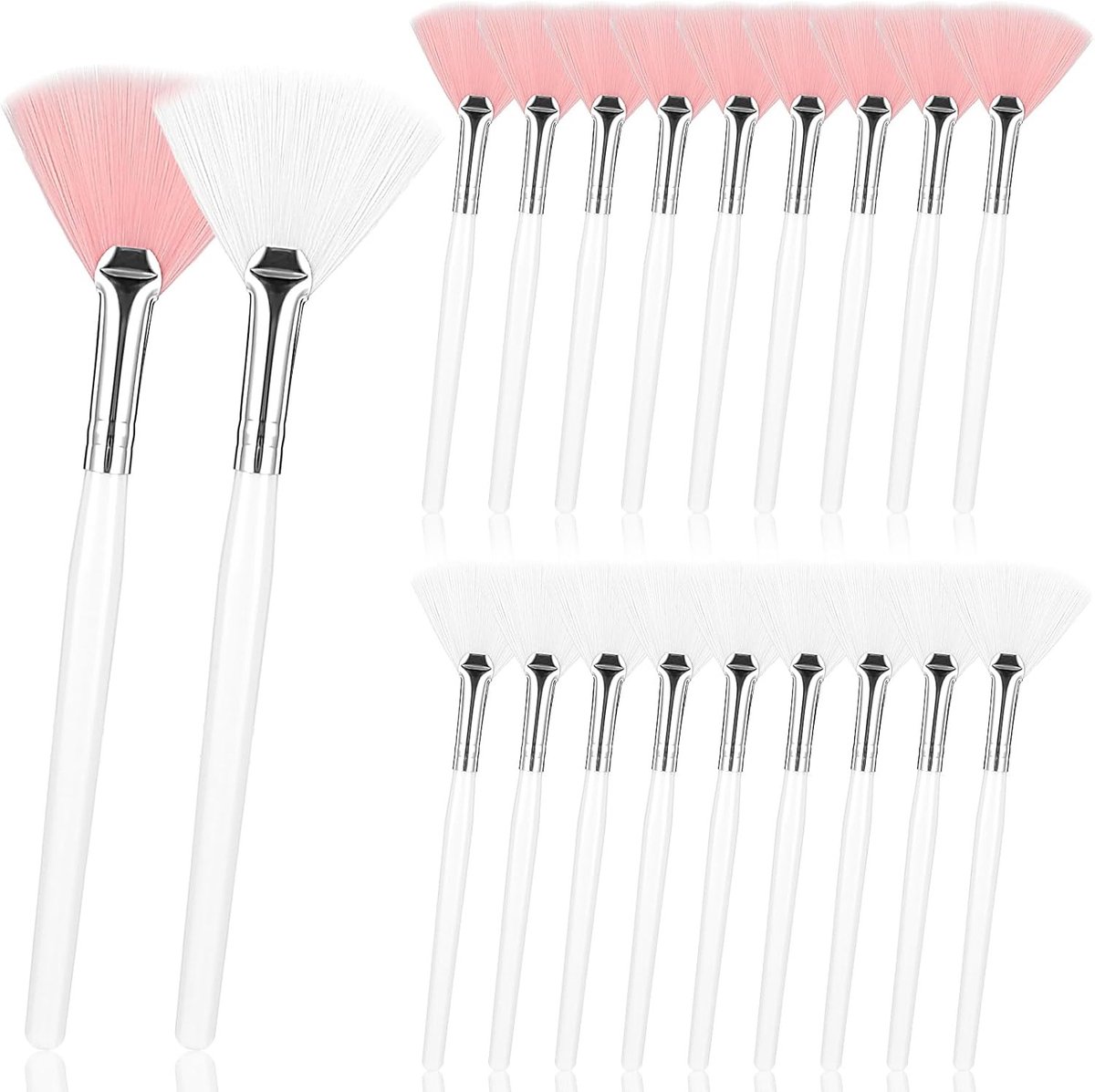 Set van 20 Fijnste Fan Brushes voor Cosmetica - Zachte Masker Applicators voor Gezichtsverzorging en Make-up (Roze-Wit)