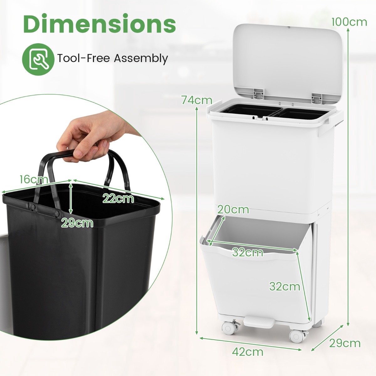 SureDeal® - Keukenorganizer - Afvalemmer - Uitneembare Containers Kantelbaar - Afvalclassificatie Stickers Wit - 42x29x74 cm - Wit