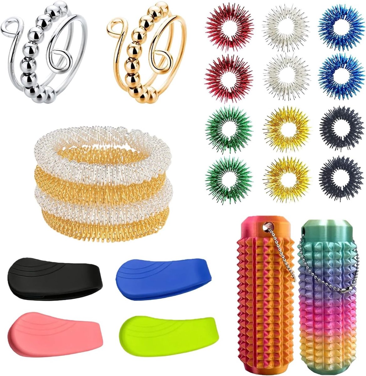 24-delige set acupressure armbanden en massageaccessoires voor stress en paniekaanvallen, inclusief ringen en clips voor ontspanning