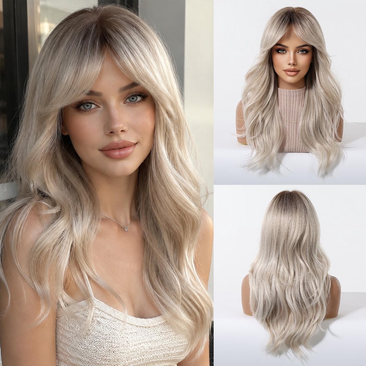 Lange Golvende Synthetische Peruc met Pony - Blond Ombre